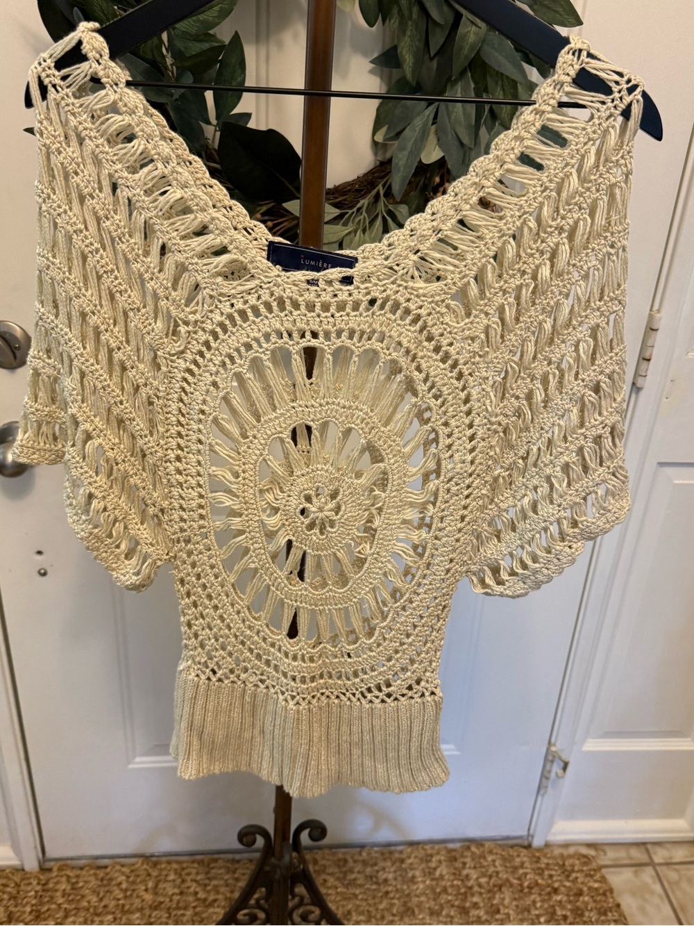 Vintage Lumiere Boho Open Knit Crochet Sweater Top SS S M